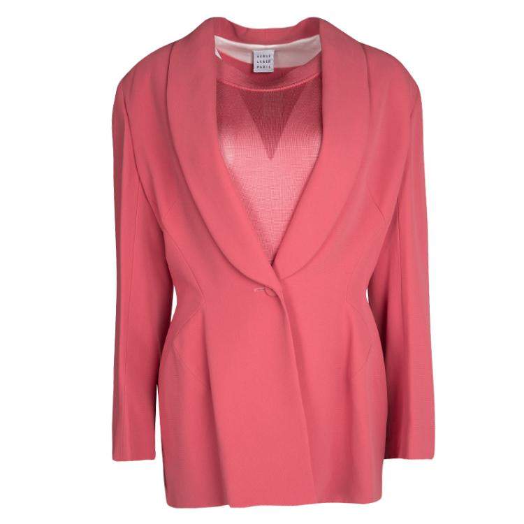 Pre Owned Herve Leger Vintage Pink Mesh Top Skirt and Blazer Set XL