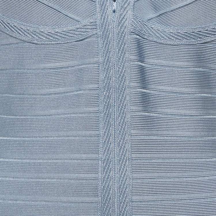 Pre Owned Herve Leger Blue Crochet Trim Knit Flared Short Dress M