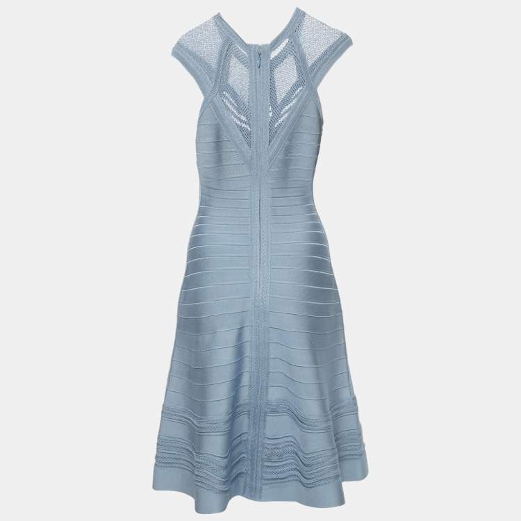 Pre Owned Herve Leger Blue Crochet Trim Knit Flared Short Dress M