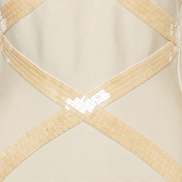 مملوكة مسبقًا Herve Leger Beige Sequin Embellished Bodycon Dress M