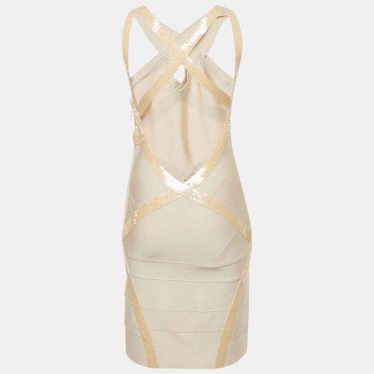 مملوكة مسبقًا Herve Leger Beige Sequin Embellished Bodycon Dress M