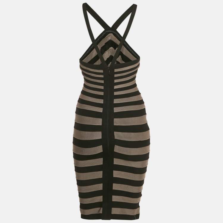 Pre Owned Herve Leger Black/Grey Knit Bandage Dress S