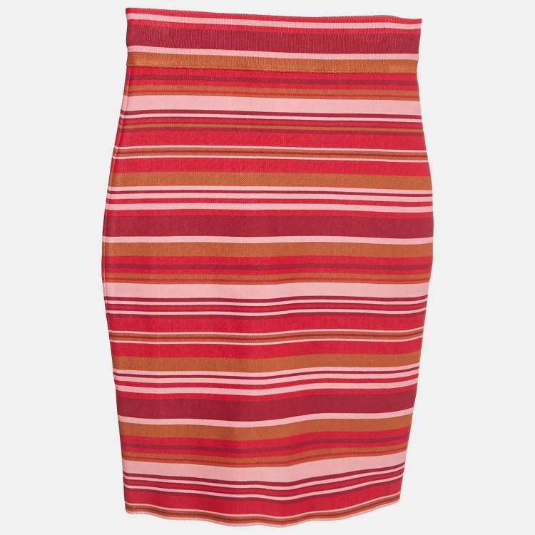 Pre Owned Herve Leger Pink Striped Jersey -Knit High Waisted Mini Skirt XXS