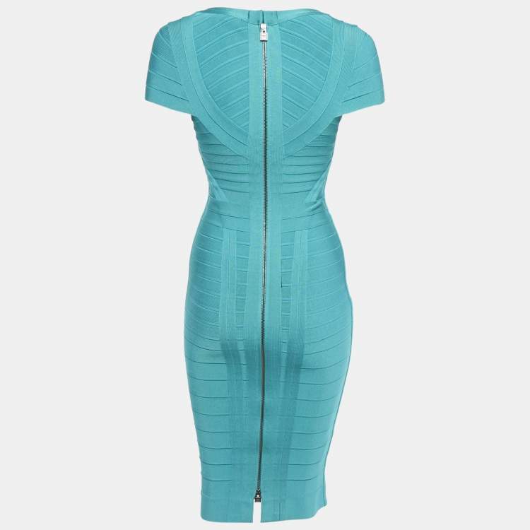 Pre Owned Herve Leger Blue Knit Bandage Layton Dress S