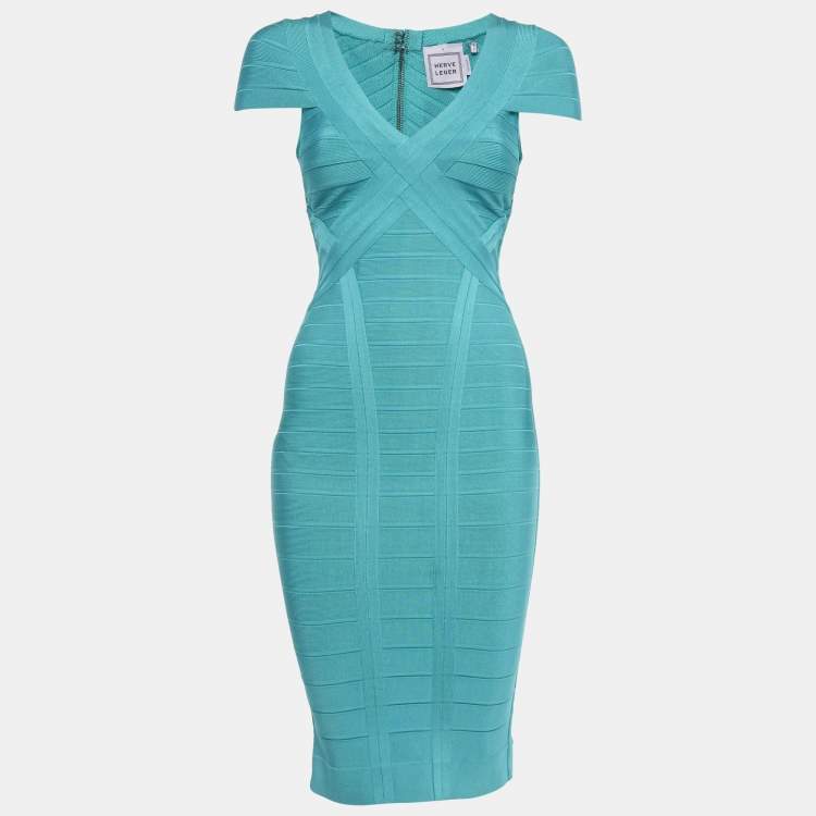 Pre Owned Herve Leger Blue Knit Bandage Layton Dress S