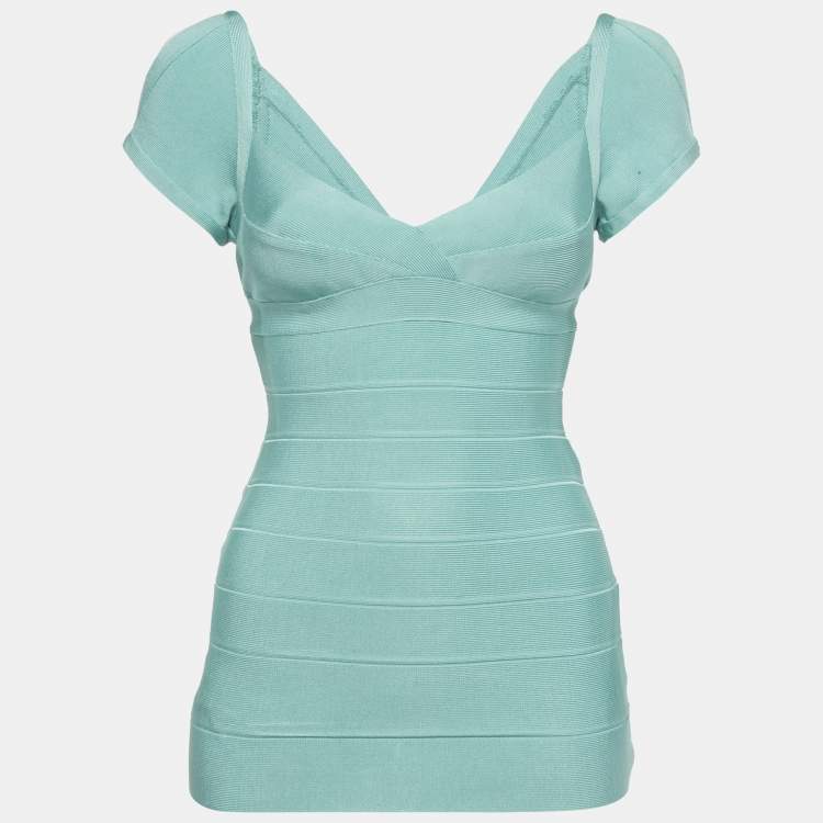 Pre Owned Herve Leger Mint Blue Knit Cold Shoulder Bandage Top S