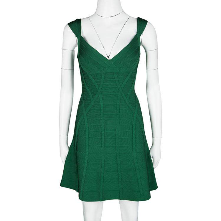 Pre Owned Herve Leger Pine Green Fit and Flare Sleeveless Mayra Dress M