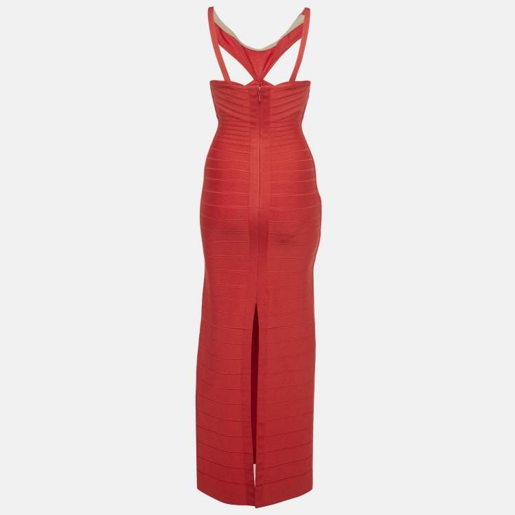 Pre Owned Herve Leger Red Knit Maxi Bandage Dress S