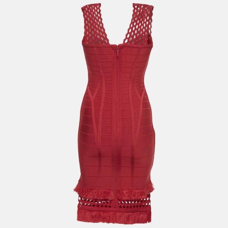 Pre Owned Herve Leger Red Bandage Knit Fringed Bodycon Dress M