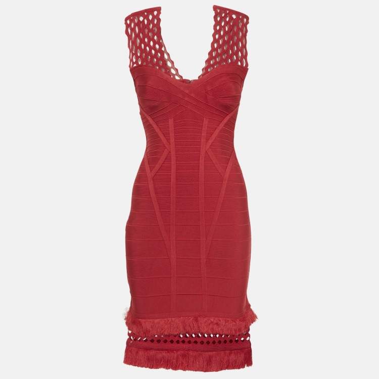Pre Owned Herve Leger Red Bandage Knit Fringed Bodycon Dress M