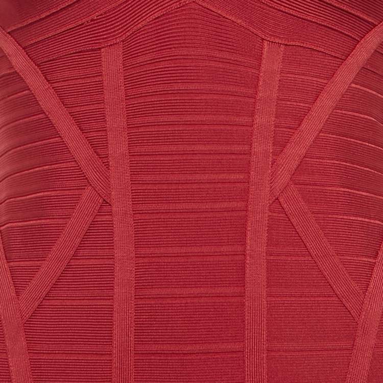 Pre Owned Herve Leger Red Bandage Knit Fringed Bodycon Dress M