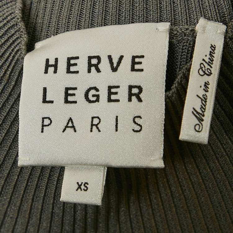 Pre Owned Herve Leger Grey Rib Knit Lace-Up Sleeve Mini Dress XS