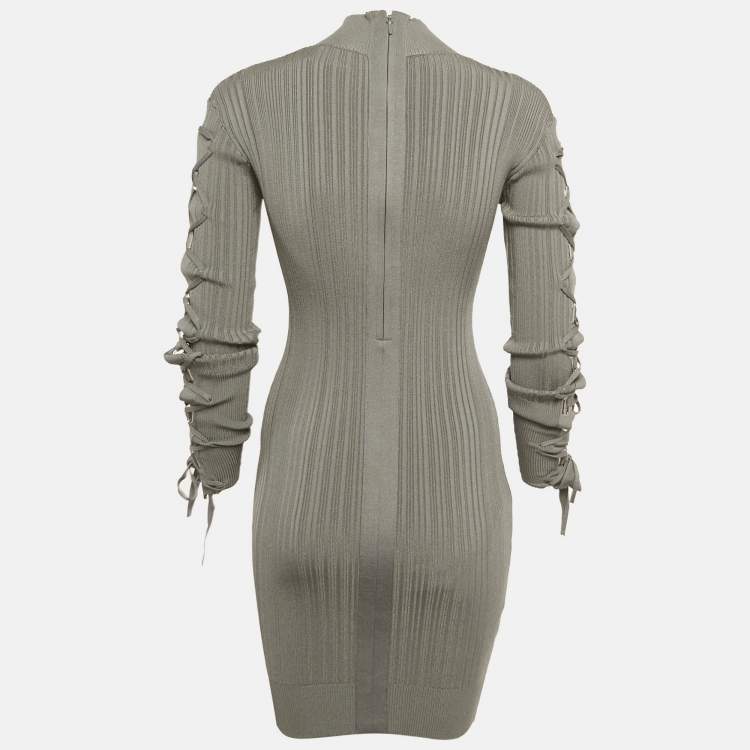 Pre Owned Herve Leger Grey Rib Knit Lace-Up Sleeve Mini Dress XS