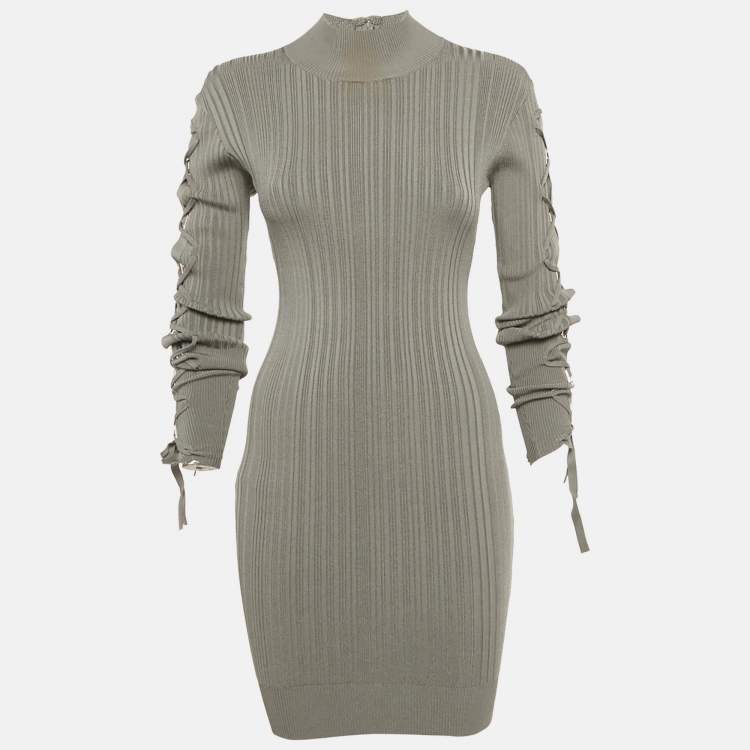Pre Owned Herve Leger Grey Rib Knit Lace-Up Sleeve Mini Dress XS