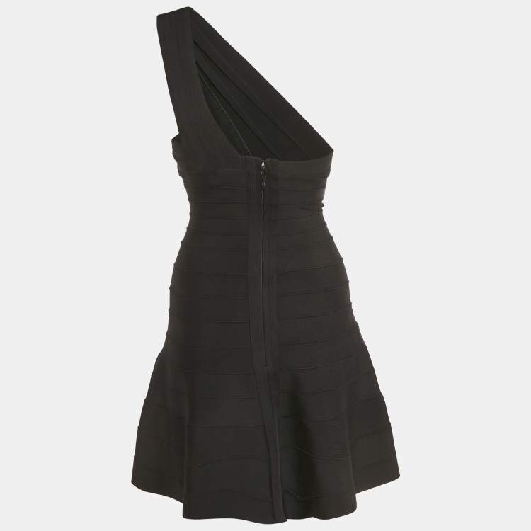 Pre Owned Herve Leger Black Bandage Knit One Shoulder Mini Dress XS