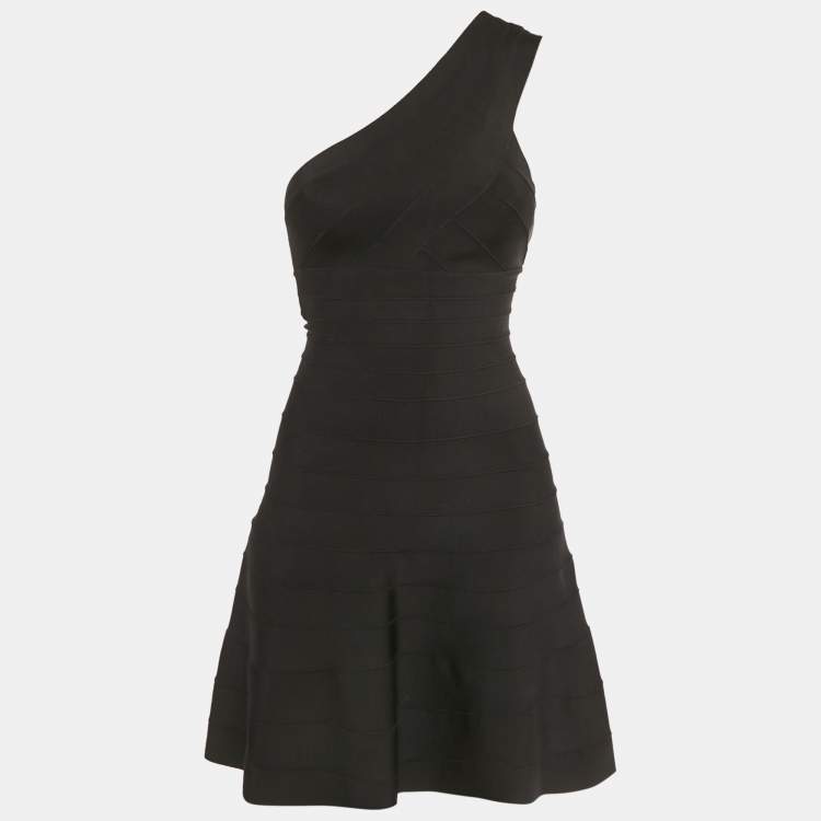 Pre Owned Herve Leger Black Bandage Knit One Shoulder Mini Dress XS