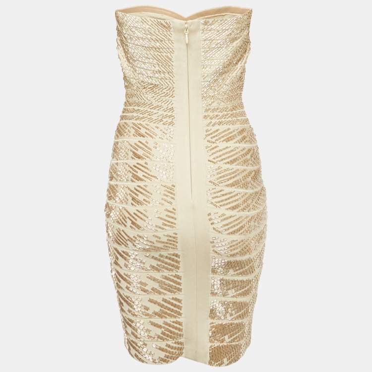 Pre Owned فستان هيرفي ليجي بيج/ذهبي محبوك مطرز قصير ميديوم