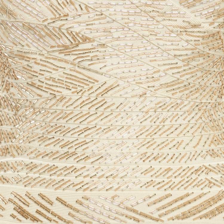 Pre Owned فستان هيرفي ليجي بيج/ذهبي محبوك مطرز قصير ميديوم