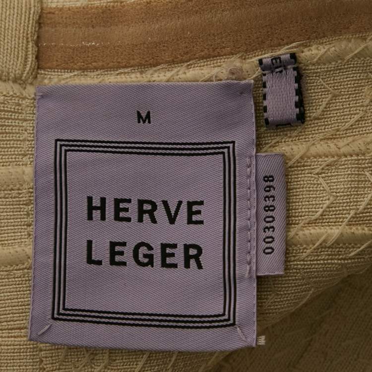 Pre Owned فستان هيرفي ليجي بيج/ذهبي محبوك مطرز قصير ميديوم