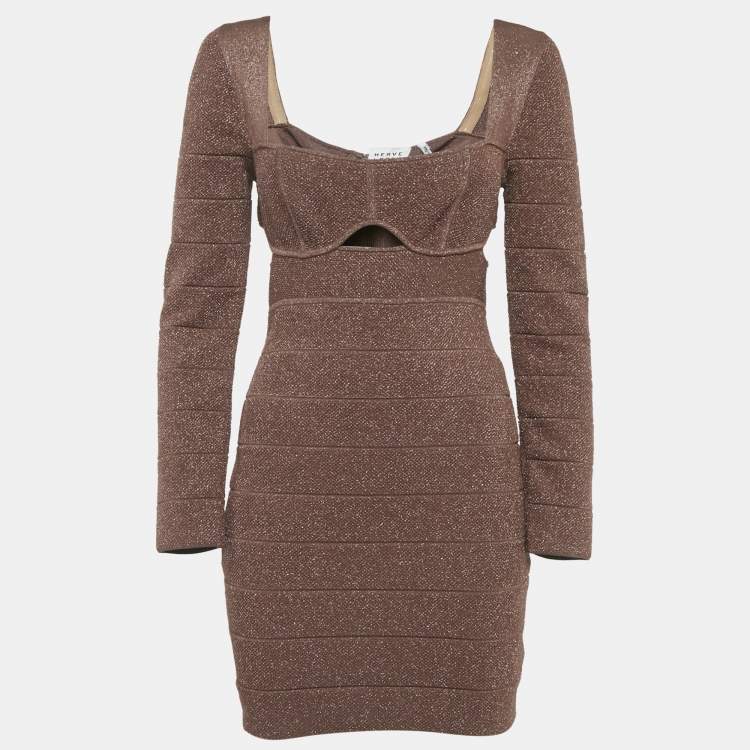 Pre Owned Herve Leger Brown Metallic Lurex Knit Bandage Mini Dress M