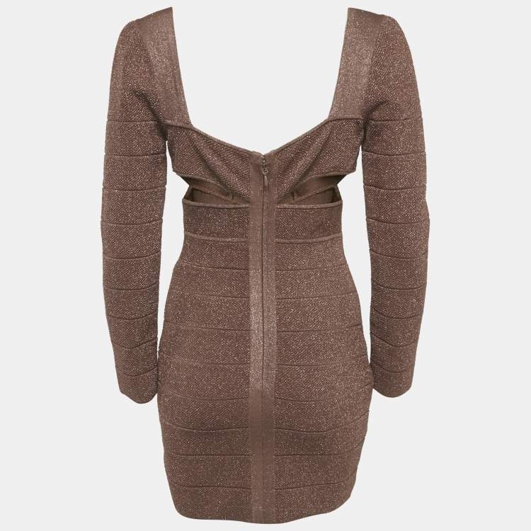 Pre Owned Herve Leger Brown Metallic Lurex Knit Bandage Mini Dress M