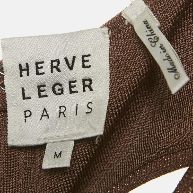 Pre Owned Herve Leger Brown Metallic Lurex Knit Bandage Mini Dress M