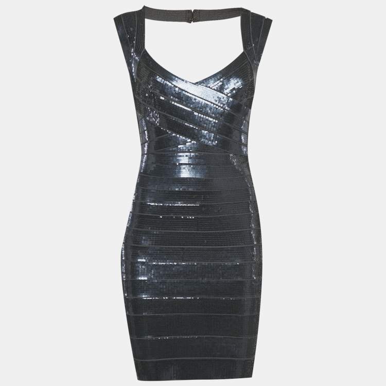 Pre Owned Herve Leger Midnight Blue Sequin Sarai Mini Dress M