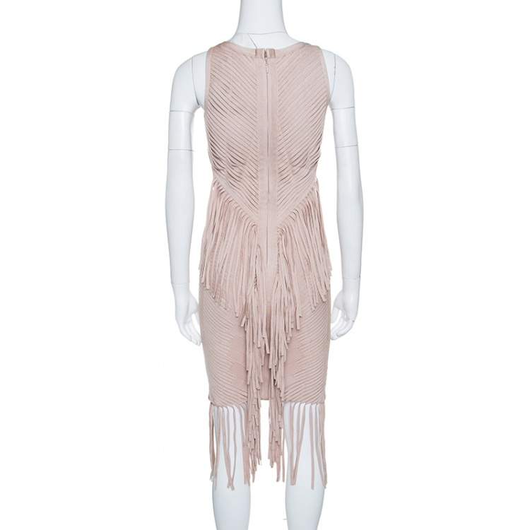 Pre Owned Herve Leger Beige Fringed Sleeveless Bandage Dress S