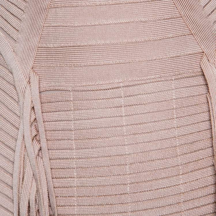 Pre Owned Herve Leger Beige Fringed Sleeveless Bandage Dress S
