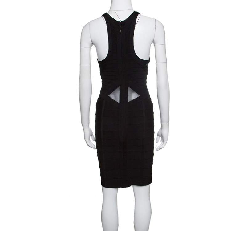 Pre Owned Herve Leger Black Mesh Insert Metallic Trim Racer Back Bandage Dress S