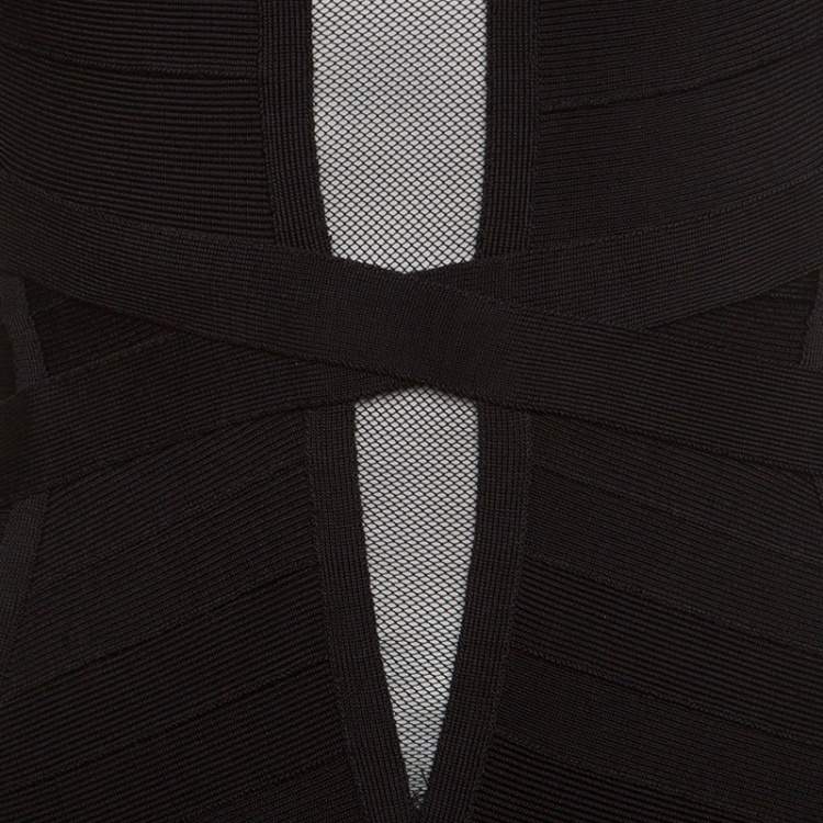 Pre Owned Herve Leger Black Mesh Insert Metallic Trim Racer Back Bandage Dress S