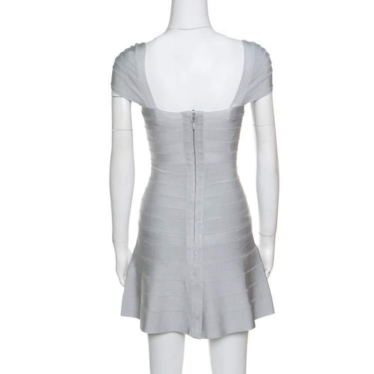 Pre Owned Herve Leger Icy Grey Cap Sleeve Makayla Bandage Skater Dress XXS