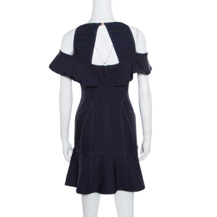 Pre Owned Herve Leger Indigo Cold Shoulder Estelle Bandage Dress S