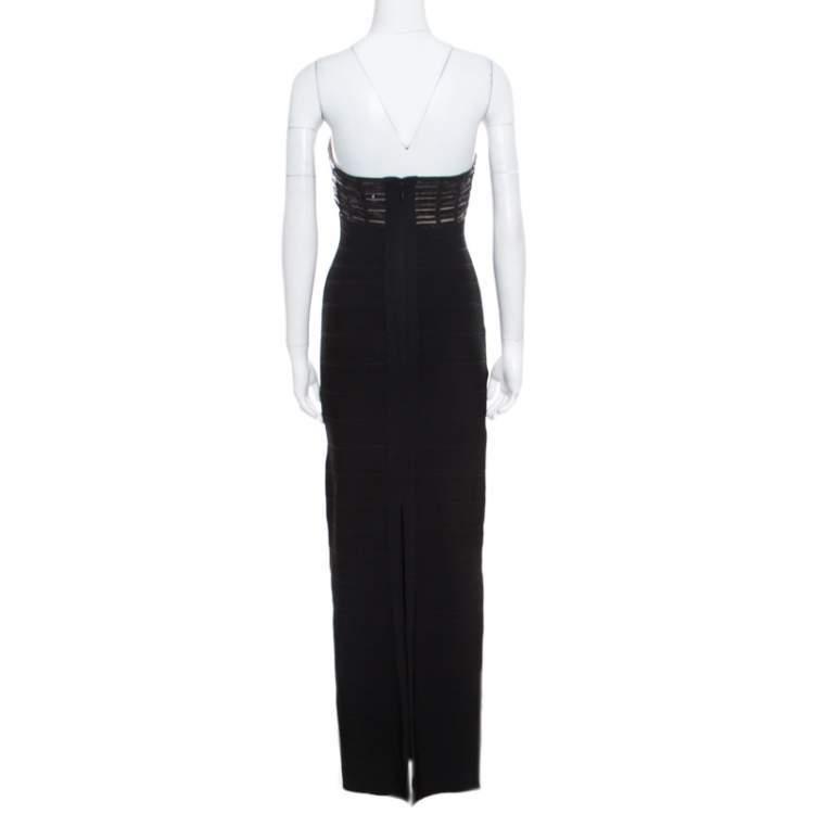 Pre Owned Herve Leger Black Sequin Grid Embellished Strapless Florence Bandage Gown XS
