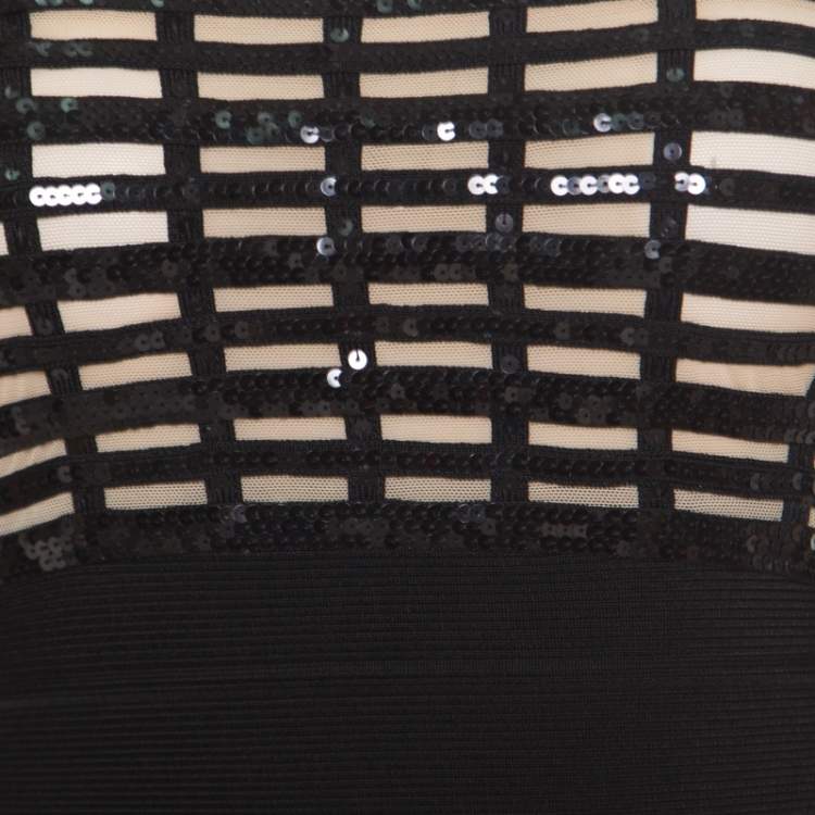 Pre Owned Herve Leger Black Sequin Grid Embellished Strapless Florence Bandage Gown XS