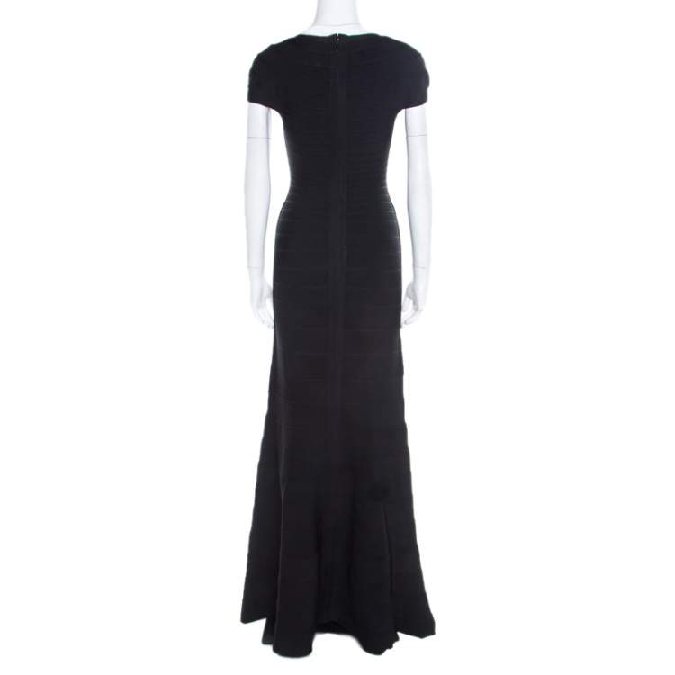 Pre Owned Herve Leger Black Knit Fringed Bodice Lora  Bandage Mermaid Gown XS