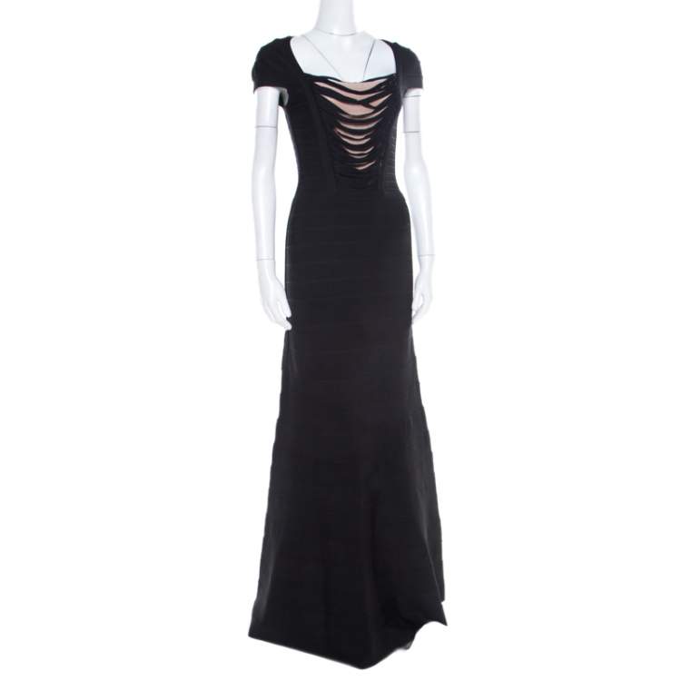 Pre Owned Herve Leger Black Knit Fringed Bodice Lora  Bandage Mermaid Gown XS