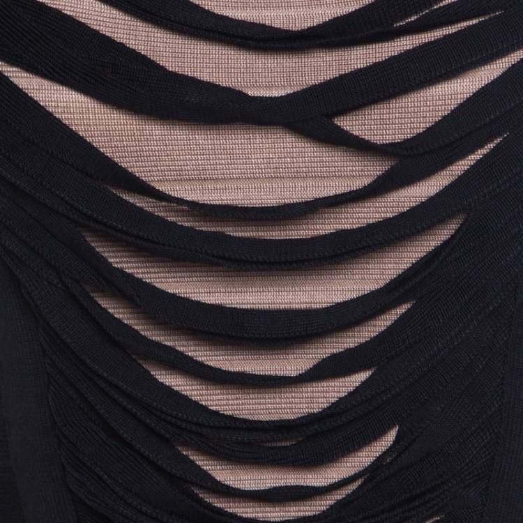 Pre Owned Herve Leger Black Knit Fringed Bodice Lora  Bandage Mermaid Gown XS