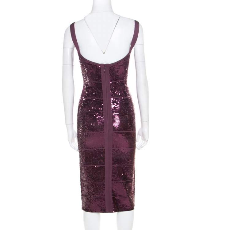 Pre Owned Herve Leger Prune Sequined Bandage Dress M