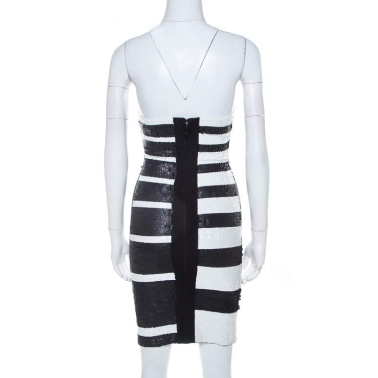 Pre Owned Hervé Leger Black and White Sequined Piano Strapless Cocktail Dress XS