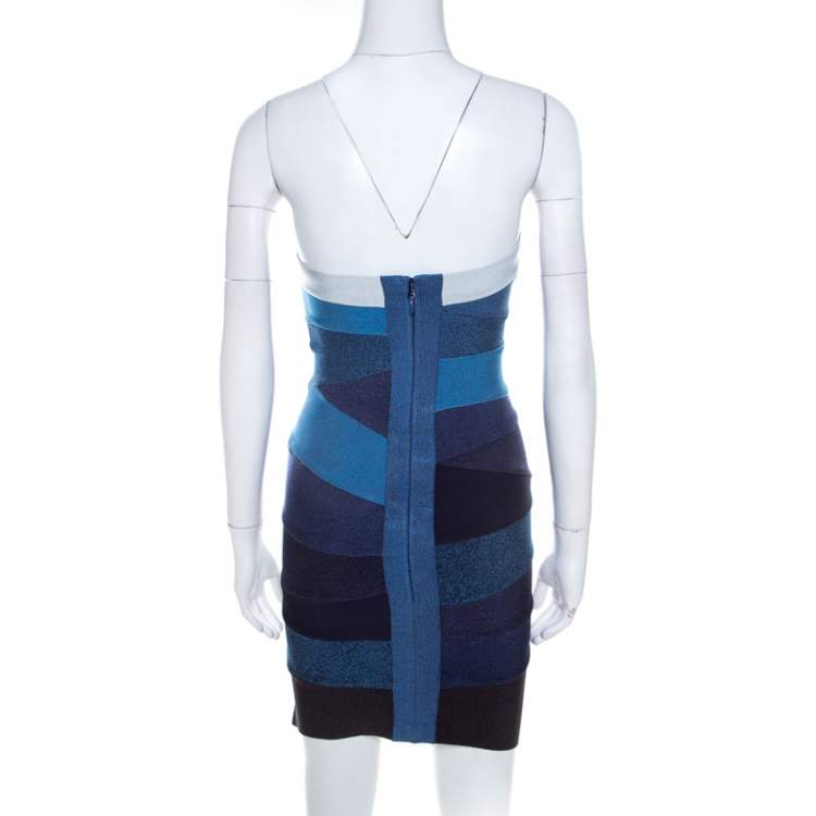 Pre Owned Herve Leger Ombre Blue Knit Strapless Bandage Mini Dress S 