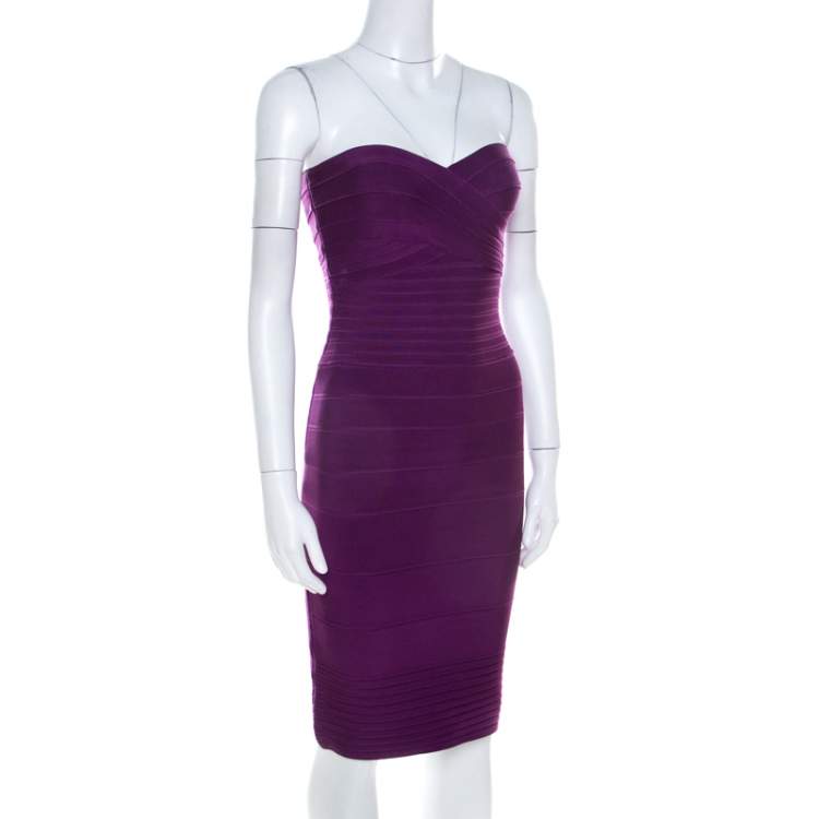 Pre Owned Herve Leger Purple Knit Strapless Signature Essential Dress XS 