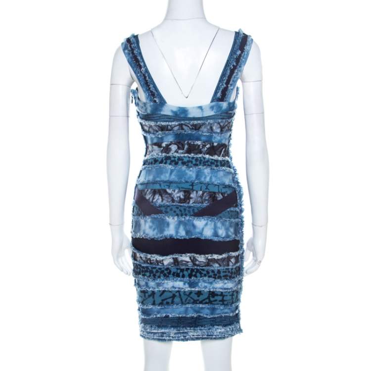 Pre Owned Herve Leger Blue Knit Denim Patch Detail Bandage Dress XS 