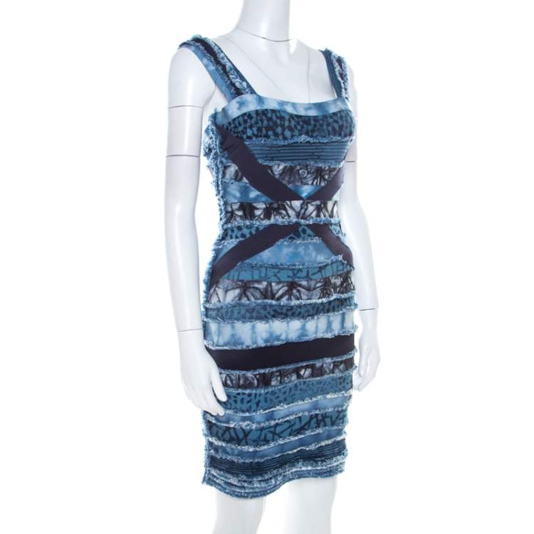 Pre Owned Herve Leger Blue Knit Denim Patch Detail Bandage Dress XS 
