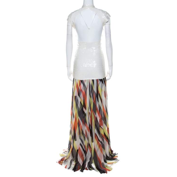 Pre Owned Herve Leger White Sequin Knit and Multicolor Printed Chiffon Backless Maxi Dress S 
