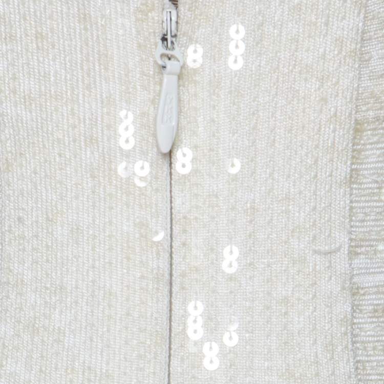 Pre Owned Herve Leger White Sequin Knit and Multicolor Printed Chiffon Backless Maxi Dress S 