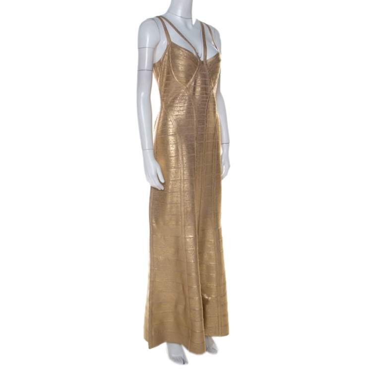 Pre Owned Herve Leger Gold Brushed Effect Bandage Gabriela Gown L