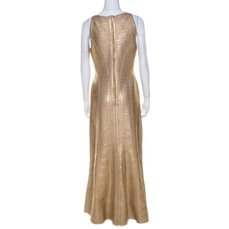 Pre Owned Herve Leger Gold Brushed Effect Bandage Gabriela Gown L