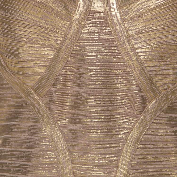Pre Owned Herve Leger Gold Brushed Effect Bandage Gabriela Gown L