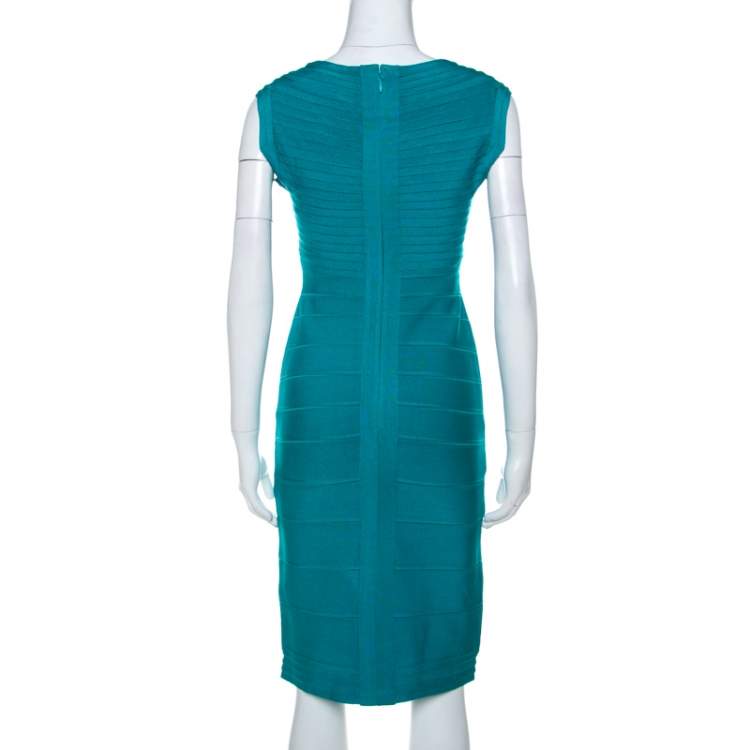 Pre Owned Herve Leger Teal Green Scoop Neck Bandage Dress M